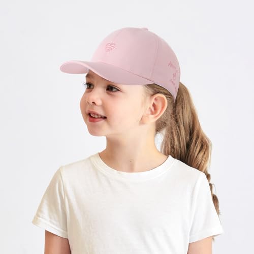 Girls Backless Baseball Cap Ponytail Hat, Love Heart Embroidered Baseball Hat Natural Curly Hair Caps for 3-8 Years2