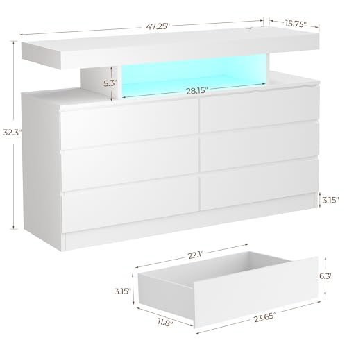BEWISHOME White Dresser for Bedroom with Charging Station and LED Lights, Wood 6 Drawer Dresser TV Stand with Open Space, Modern Wide Dressers Chest of Drawers for Closet, Living Room, White KCG02W