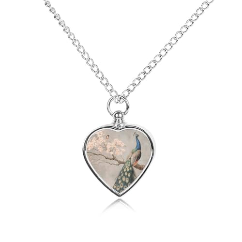 Peacock Cherry Blossoms Small Ashes Necklace for Dog/Cat Heart Keepsake Pendant Cremation Jewelry