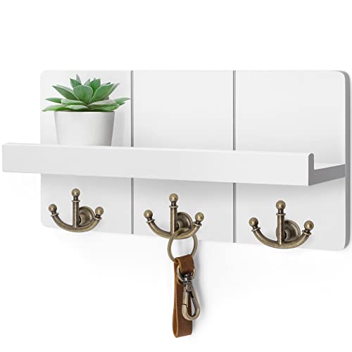 Rebee Vision Key Holder for Wall with Shelf: Elegant Farmhouse Mail Organizer with Decorative Floating Shelf and 3 Anchor Key Hooks for Wall - Retro Key Hangers for Entryway Decor (Rustic White)