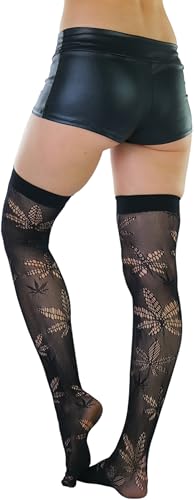 Image of ToBeInStyle Women's Thigh High Stockings Bodystocking Tights Medicinal Cannabis Marijuana Weed Leaf Print Festival Hosiery