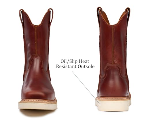 Image of SUREWAY Western Boots - Men's Square Toe Work Boot,Pull On Leather Wellington Boots,Durable Classic Slip Resistant Soft Toe Cowboy Boot