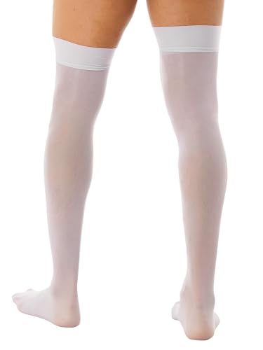Men's Glossy See-through Stockings Thin Shiny Solid Color Stretchy Sheer Thigh High Socks White One Size2