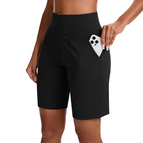 Bermuda Shorts for Women with Zipper Pocket Womens High Waisted Long Shorts for Running Workout Athletic