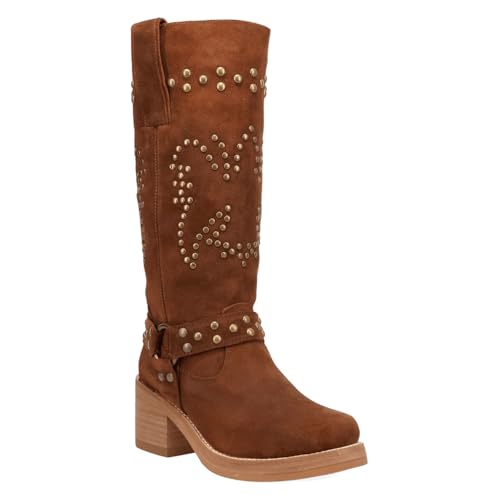 Dingo Womens Troubadour Studded Round Toe Pull On Casual Boots Over The Knee Mid Heel 2-3" - Brown2