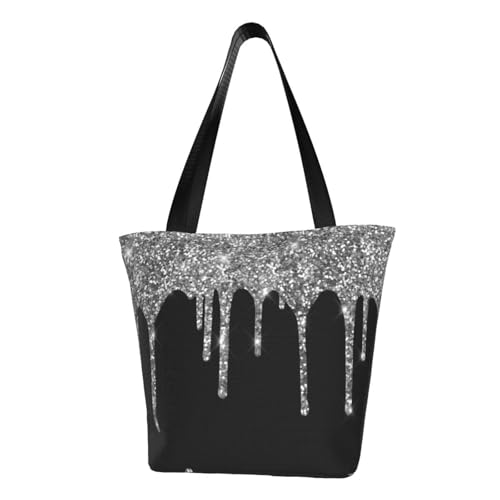 Silver Glitter Drips Sparkle Black Shoulder Bag, High-Density Polyester Tote With Zipper Closure & Inner Pocket, Spacious & Lightweight For Market, Beach & Travel