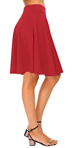 Image of EXCHIC Women's Casual Stretchy Flared Mini Skater Skirt Basic A-Line Pleated Midi Skirt