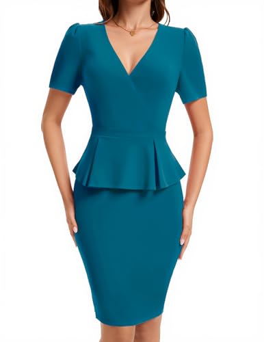 Bbonlinedress Women Peacock Blue Pencil Dress Peplum Short Profeesional Dress for Work Business Office,Peacock Blue S