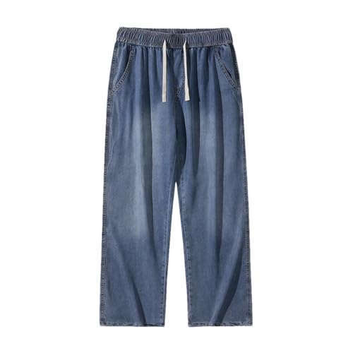 Men’S Loose Fit Straight Leg Lyocell Denim Jeans with Elastic Waist Mid Waist Casual Wide Leg Pants