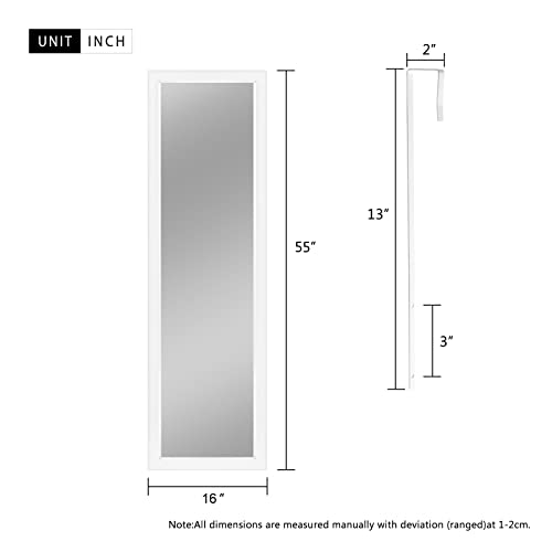 Image of NeuType Over The Door Mirror Full Length Mirror Hanging Over Door or Leaning Against Wall or Mounted On Wall, Door Mirror Full Length Mirror Over The Door, 55 inchx16 inch, White, No Stand