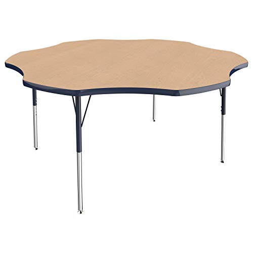 Image of FDP Flower Activity School and Office Table (60 inch), Standard Legs with Swivel Glides for Collaborative Seating Environments, Adjustable Height 19-30 inches - Maple Top and Navy Edge