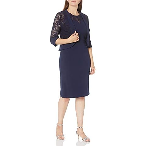 MAYA BROOKE Women's Windowpane Pattern Mesh Lace Jacket and Knit Dress Set, Navy, 20 Plus Cover