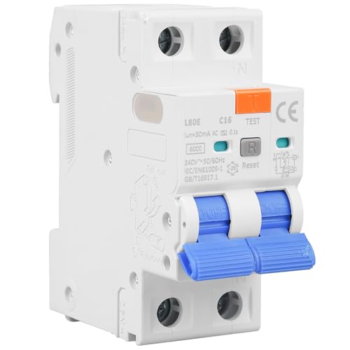 Behogan Interruttore Differenziale 16A 30mA 2 Poli, 230V AC 1P+N RCBO Salvavita Magnetotermico con Protezione da Corrente di Guasto, 6KA, Protezione da Sovraccarico per Casa e Industria