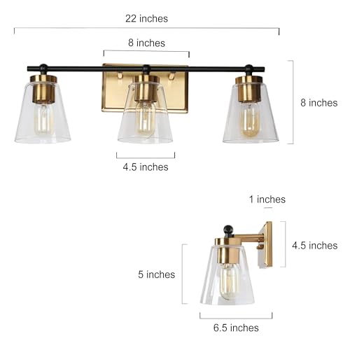 Image of KSANA Bathroom Light Fixtures, 3-Light 22'' Matte Black and Imitation Electroplated Copper Vanity Lights with Clear Glass Shade, Modern Farmhouse Black and Gold Brass Bathroom Lighting Over Mirror