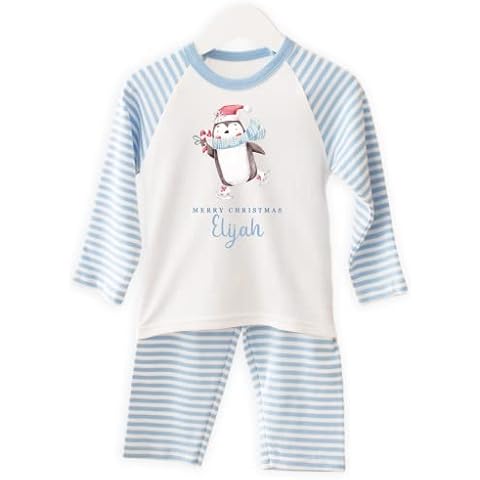 ROYELLE STEVENS PERSONALISED Christmas Pyjamas Xmas Pjs Girls Boy Stripe Pyjamas Christmas Penguin (Blue) Cover