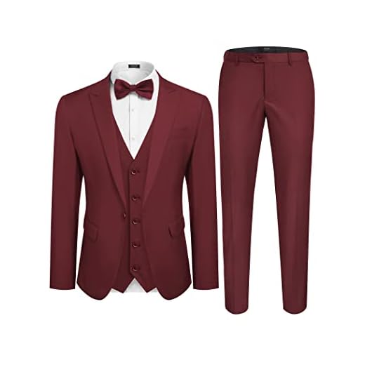 COOFANDY Men's 3 Piece Suits Set Solid One Button Slim Fit Single Breasted Tuxedo Prom Blazer Vest Pants Set Burgundy