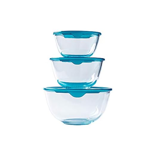 Pyrex - Set of 3 resistant glass mixing/salad bowls with lids - 0.5L - 1L - 2L - Made in France