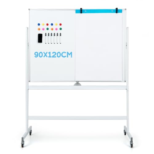 LIFEZEAL Tableau Magnétique Double Face Pivotant à 360°,Tableau Blanc sur Pied 120x90cm avec Hauteur Réglable 161/181cm,Tableau Effaçable à Roulettes...