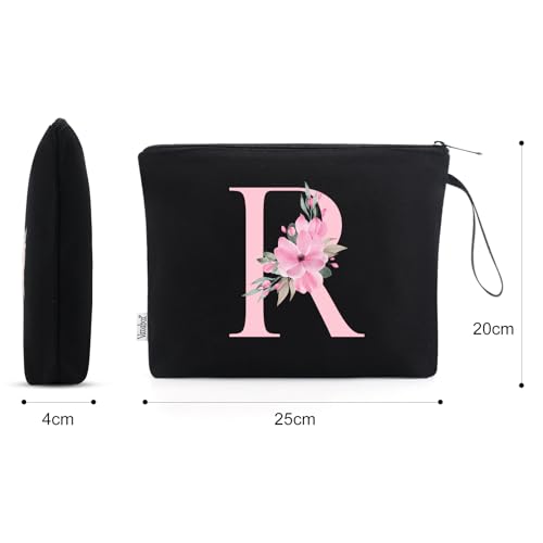 Image of Vavabox A-Z Personalized Makeup Bag, Birthday Gifts for Women Mom, Gifts for Best Friend, Bride Bridesmaid Cosmetic bag (R, 02-Black)