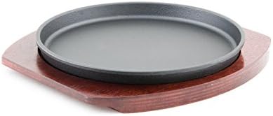 Plancha de carne de hierro fundido personal de forma redonda con base de madera, bandeja de carne, parrilla de fajita, plato de servidor,