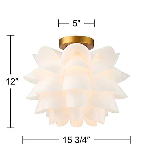 Possini Euro Design Mid Century Modern Glam Close To Ceiling Light Semi Flush Mount Fixture White Flower Gold Metal 15 3/4" Wide For House Bedroom Hallway Living Room Bathroom Dining Kitchen #TOP3