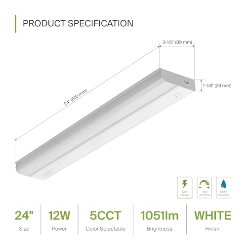 Image of ASD LED Under Cabinet Lighting Hardwired, 24 Inch 12W 2700K-5000K Selectable, 1051LM, CRI90+, Direct Wire Linkable Under Counter Lights for Kitchen, Dimmable Under Cabinet Lights, White, UL Certified