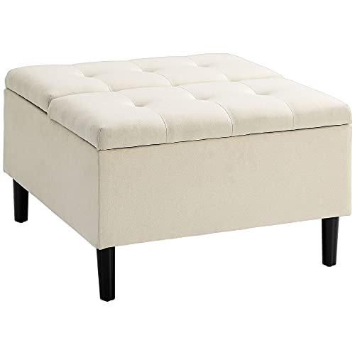Homcom 30" Square Storage Ottoman, Upholstered Ottoman Coffee Table With Lift Top, Button Tufted And Wood Legs, Accent Footstool For Living Room, Cream White #TOP16