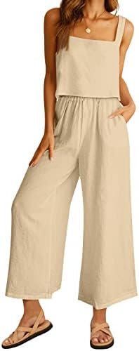 AUTOMET Womens 2 Piece Sets Summer Vacation Outfits Casual 2023 Fashion Lounge Set Matching Linen Crop Tank Top Jumpsuit with Pockets