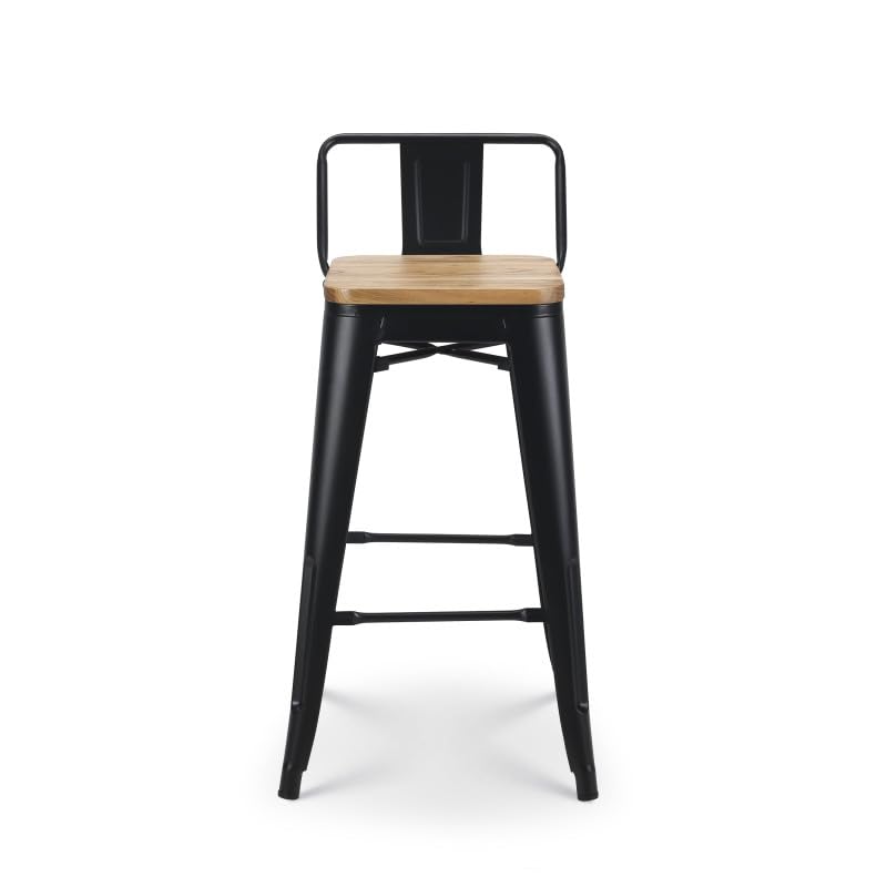 Set of 4 Matt Black Metal Industrial Style Bar Stools with Light Wood Backrest and Seat - Height 66cm