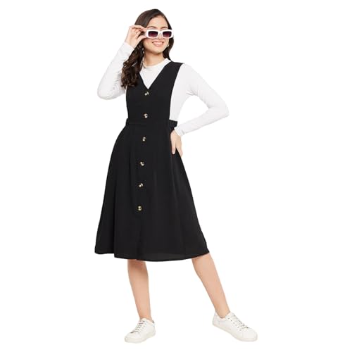 Image of WineRed Women Black Soild Pinafore Dress with Button