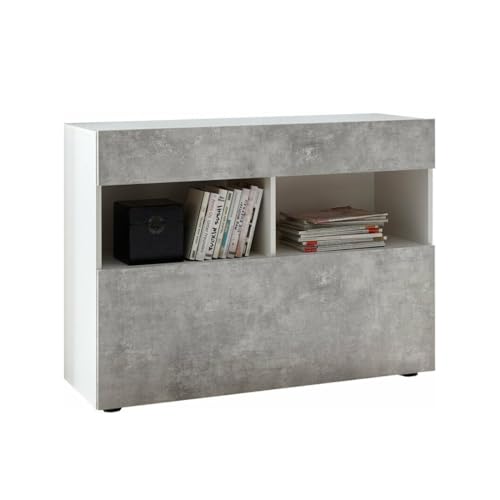 Meublorama Buffet 1 cajón y 1 Puerta abatible, colección SULTANO, Color Blanco Efecto concreto, Ideal para su salón.