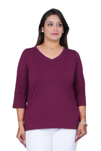 Image of Mlada V-Neck Cotton 3 /4th Sleeves Tshirt for Women | Stretchable Regualr Fit Solid Cotton Tshirts | Casual 3 /4th Sleeves Tshirts for Women Office Wear | Solid Round Neck Tshirt