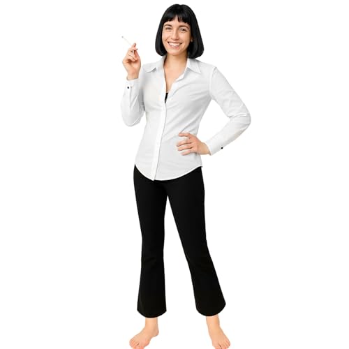 NUWIND Costume de Mia Wallace pour Femme Perruque BOB Chemise Blanche Pantalon Evasé Noir Fausses Cigarettes Cosplay pour Fête d'Halloween Déguisement (Blanc, M)