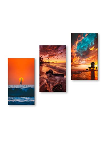Image of 999STORE Beautiful Sunset Scenery Beach home room decor framed stylish modern wall frames living hanging decorative items (Set of 3 Panels Paper Print 24X15 Inches) MDF3Frames043