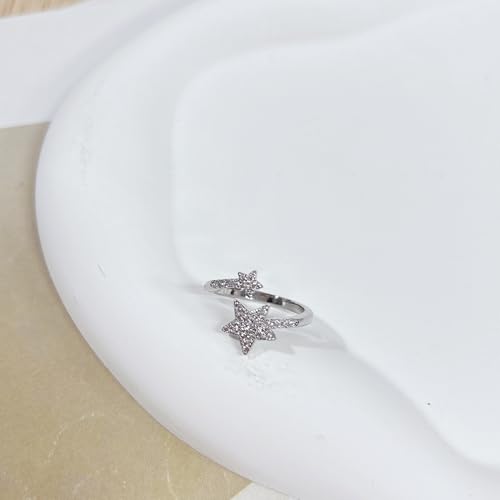 Dainty Star Wrap Open Engagement Ring For Women Sparkly Cubic Zirconia Fashion Adjustable Finger Knuckle Statement Rings CZ Expandable Silver Lucky Stars Stacking Middle Band Wedding Promise Party Jewelry Gifts2