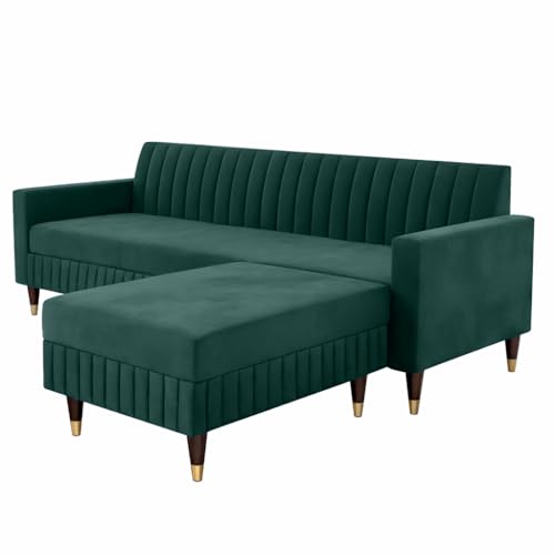 Image of AMATA Omega Solid Wood 4seater L Shape Green Suede Velvet Fabric Sofa Set with Four Cushions Perfect for Home Office Guests Living Room (03 Green, Omega L Shape 4 SSEATER)(3 Year Warranty)