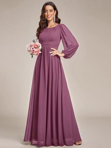 Image of Ever-Pretty Women's Crewneck Long Lantern Sleeves Floor Length A-Line Pleated Chiffon Formal Dress 0106B