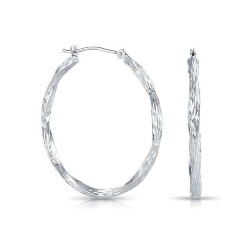 10K White Gold Diamond-Cut Twisted Round Hoop Earrings