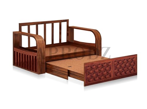 Image of APRODZ Geometric Solid Sheesham Wood Sofa Cum Bed 2 Seater Velevt Fabric with Blue Upholstery & Cushion Perfect Sofa Furniture for Home Living Office Room and Guests (Honey Finish 75x51x30-Inch)