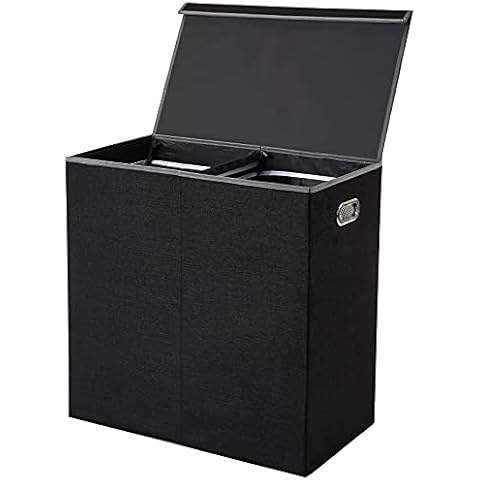 SUPERJARE Double Laundry Hamper with Removable Liner Bags & Magnetic Lid, 150L Collapsible Clothes Basket, Built-in Handles for Easy Carrying, 2 Dividers, Linen Black Cover