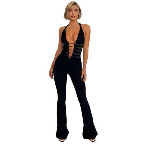 MXVPY Women Sheer Mesh Lace Jumpsuit Sexy Sleeveless See Through Hollow Out Bodycon Jumpsuits One Piece Club Party Romper (#4-Black M)