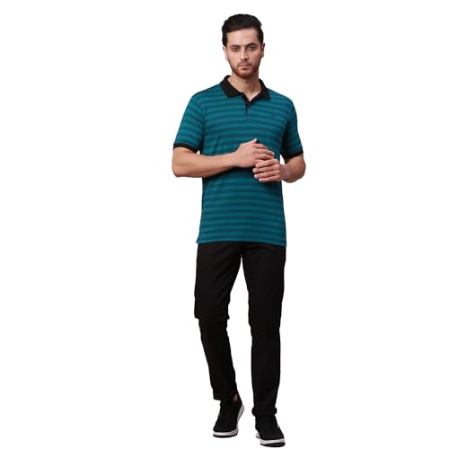 Image of Park Avenue Men's Cotton Polyester Blend Stripe Pattern Slim Fit Rib Collar Polo Neck Half Sleeve Casual T-Shirt