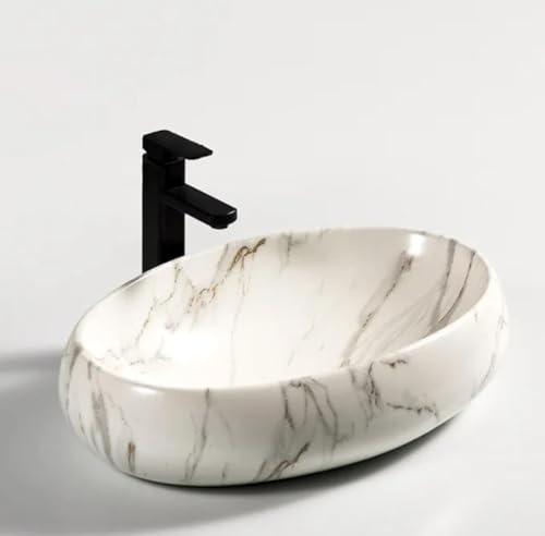 Image of Designer Counter Top Wash Basin | Tabletop Ceramic Bathroom Sink | Wash Basin Over Counter | Wash Basin For Bathroom, Living Room (24 x 15 x 6 Inch) (White N Grey Strip)