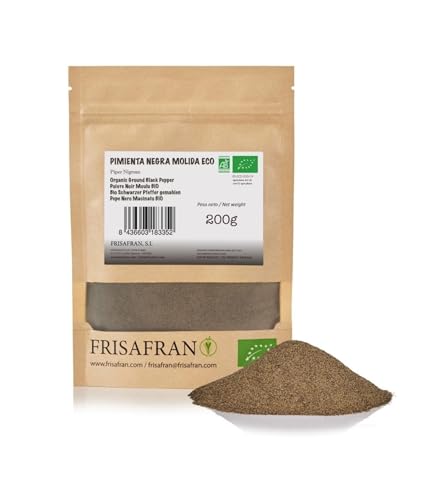 FRISAFRAN | Pimienta negra molida 200g | Pimienta pura | Pimienta Negra Molida Bio | 100% Ecológica y Natural | Sabor Intenso | Ideal Guisos, Salsas, Ensaladas | Sin Aditivos | pimienta molida Vegana