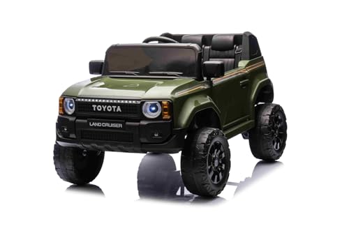 Coche eléctrico para niños Toyota Landcruiser 12V, Verde Militar, Asiento Individual Ancho, Control Remoto 2,4 GHz, Entrada USB/AUX, Bluetooth, suspensión, batería de Litio, Luces LED