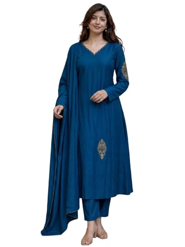 Image of ANNI Designer Kurta Set for Women Viscose Embroidered | A-Line Kurta Pant Dupatta Set for Woman | Long Sleeve V-Neck Stylish Ethnic 3 Piece Outfit Trendy Women Clothing