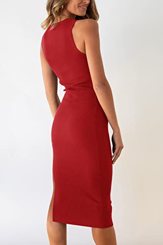 Image of PRETTYGARDEN Women's Summer Midi Bodycon Dresses Casual Crew Neck Side Slit Sleeveless Knit Cut Out Tank Top Dress