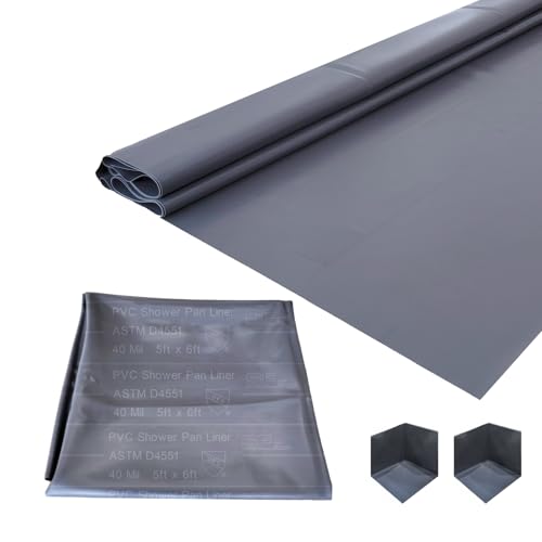 Torcia SINGFORM 40 mil Thickness 5 x 6 Shower Pan Liner with 2 Corner Dams | PVC Waterproofing Membrane Shower Pan & Base Sheet for Bathroom and Kitchen Utra Durable Grey
