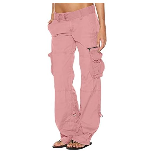 SMIDOW Pantalon cargo taille basse pour femme - Grande taille - Pantalon baggy extensible à jambes larges et poches - Pantalon militaire Y2K Streetwear, #G04-Rose, Taille XS