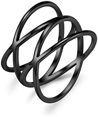 JLOVEMILY Black Stainless Steel Double X Criss Cross Statement Ring for Women Knuckle Stackable Party Cocktail Rings Wide Wedding Band Comfort Fit (Black, Size 10)